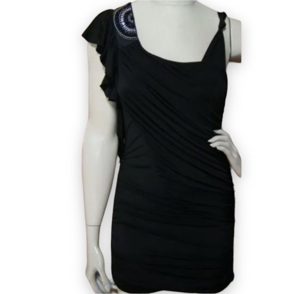 Kouture By Kimora Embellished Ruched Bodycon Black Shoulder Dress Womens Small S